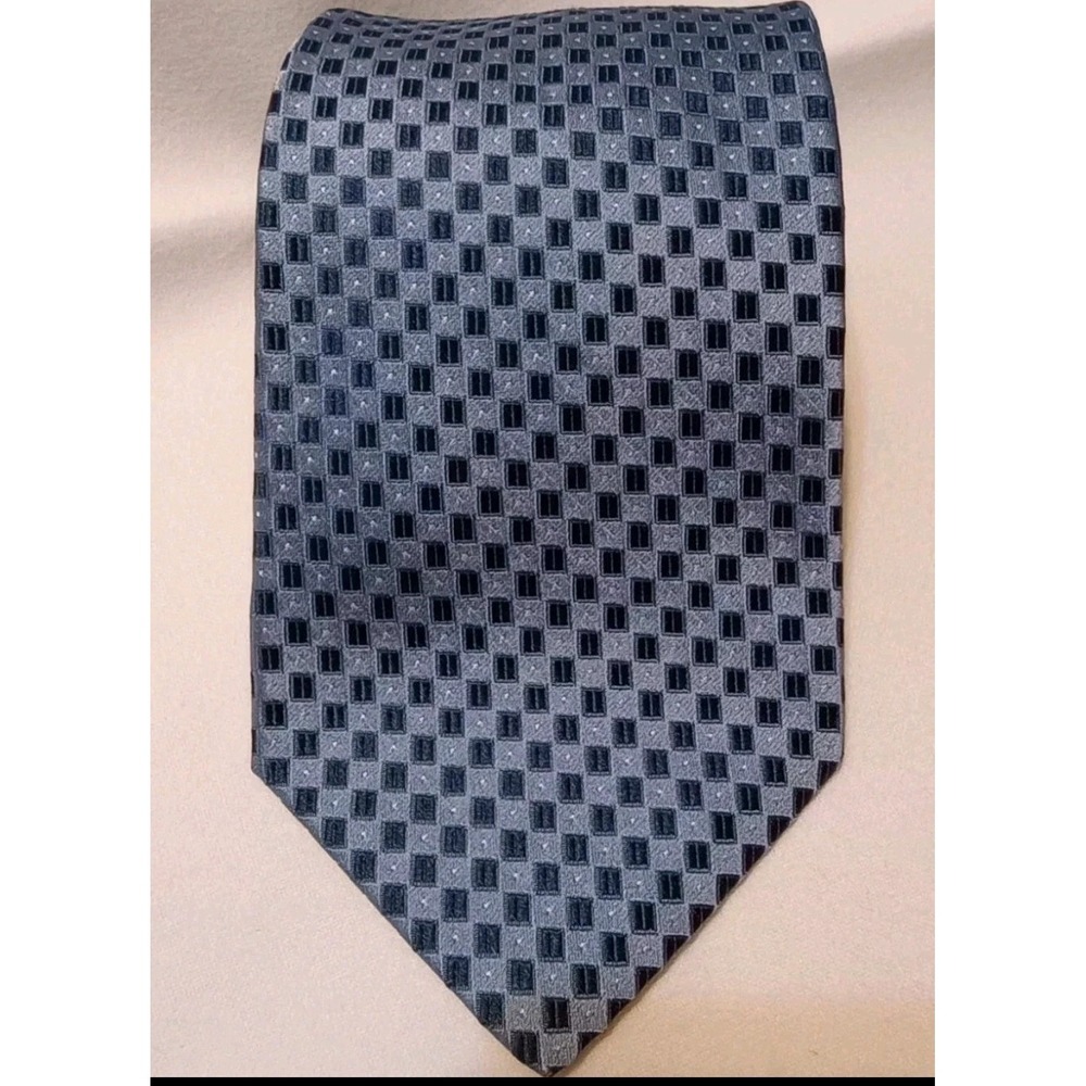 Murano Mens Silk Necktie Blue Grey Geometric Grid Woven Made in USA Tie